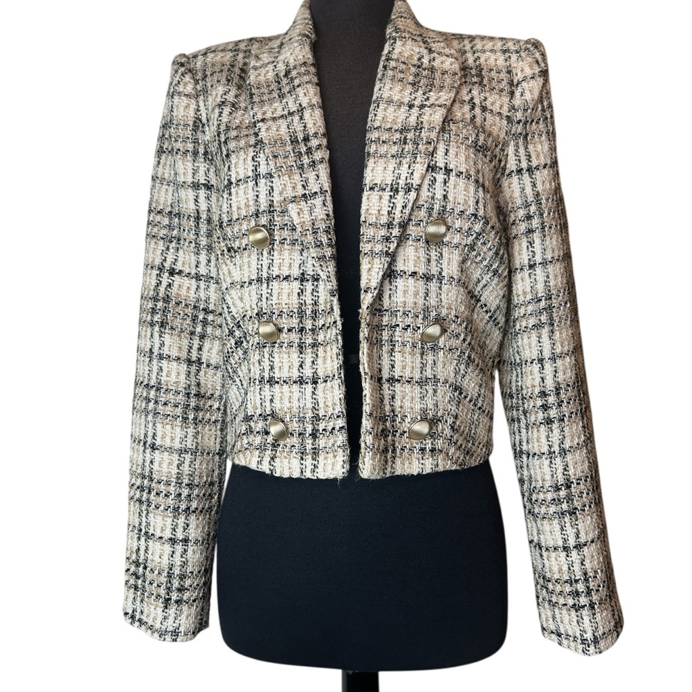 Elie Tahari Tweed Wool Formal Blazer Jacket Size 10 Gold, Black, White & Gray